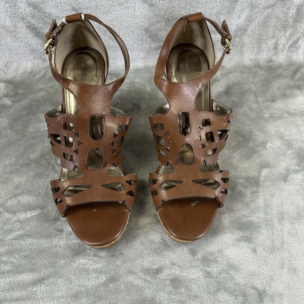 Tahari Women's 10 Brown Tan Leather Cork Wedge Open Toe Strappy Lazer Cutout - Picture 4 of 10